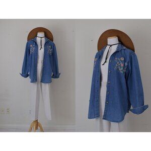 Vintage‎ 80s/90s Blue Denim Embroidered Shirt Shacket | size M